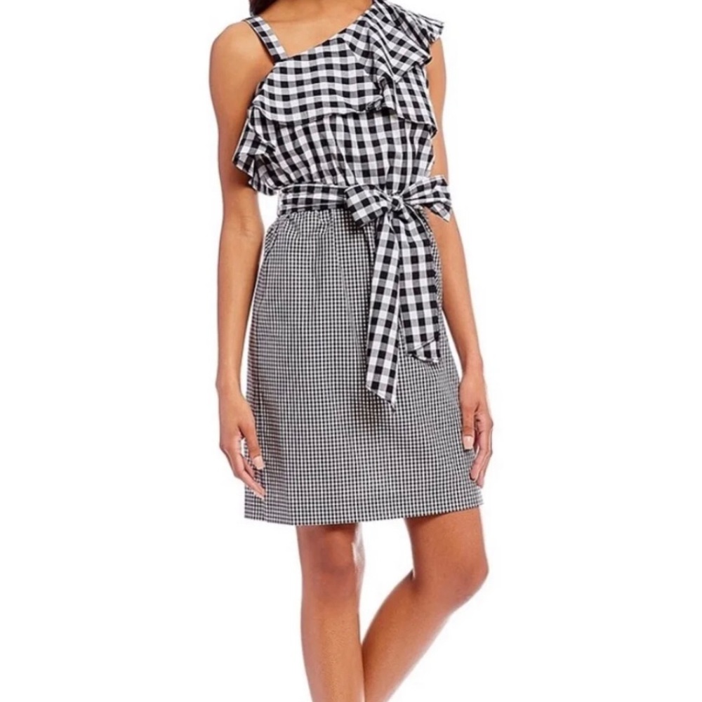 Calvin Klein Black and White Gingham Asymmetrical Ruffle Dress